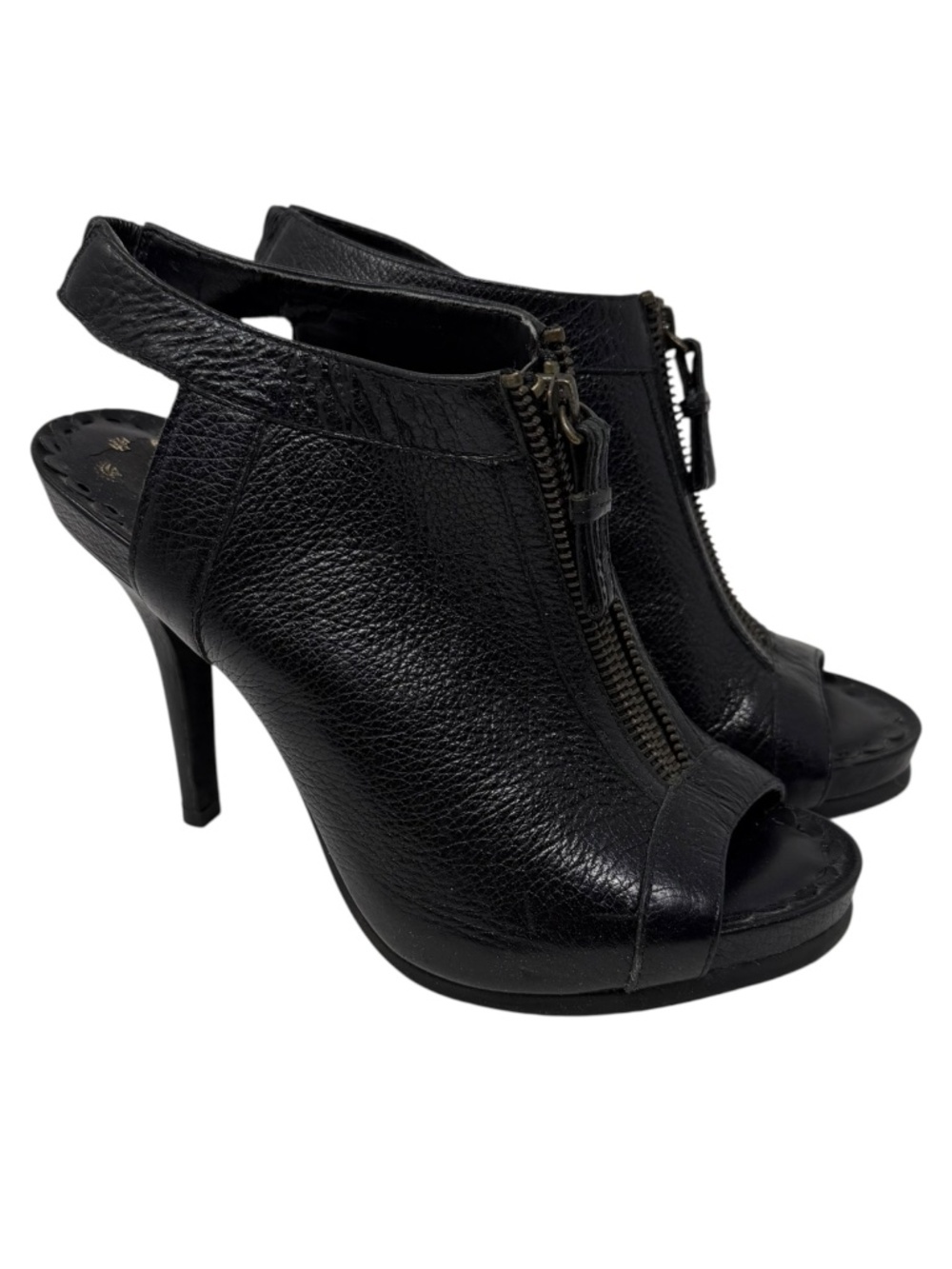 Juicy Couture Black Leather Slingback Peep Toe Heels Zip Front 8.5
